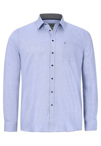 Helles blaues Hemd mit Knöpfen und strukturiertem Muster, schwarze Knöpfe und einen kontrastierenden, karierten Krageninnenstoff. Mit einer Brusttasche ausgestattet.