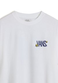 White short-sleeve T-shirt with a blue "VANS" logo accompanied by two yellow star accents on the left side of the chest.