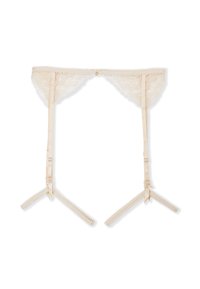 Kanten jarretelriem in roomkleur met een bloemmotief, voorzien van satijnen bandjes en verstelbare hardware. Afgewerkt met verfijnde kanten details.