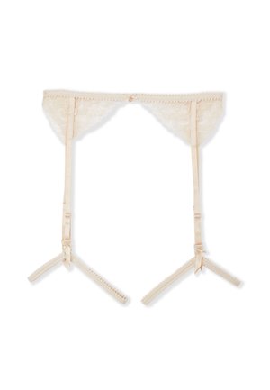Jarretière en dentelle crème à motif floral, dotée de bretelles en satin et de réglages ajustables. Ornée de délicats détails en dentelle.