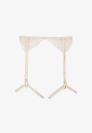 Koronkowy pas do pończoch w kremowym kolorze z kwiatowym wzorem, wyposażony w satynowe paski i regulowane elementy. Wykończony delikatnymi koronkowymi zdobieniami.