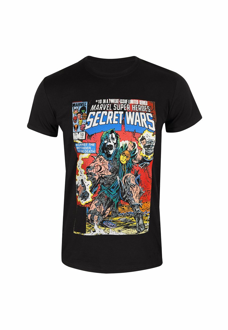 Černé bavlněné tričko s barevným grafickým potiskem z komiksové série Marvel "Secret Wars", zobrazující dynamickou scénu boje.