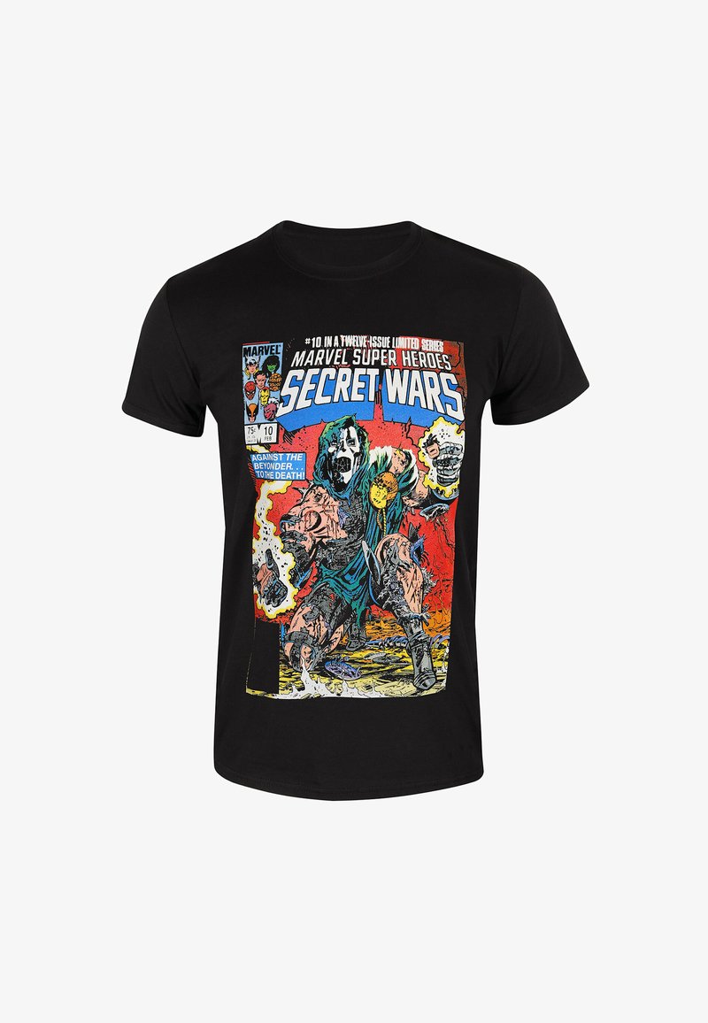 Camiseta de algodón negra con un colorido estampado gráfico de la serie de cómics de Marvel "Secret Wars", que representa una escena de batalla dinámica.