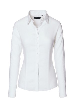 Biała koszula zapinana na guziki wykonana z lnu, charakteryzująca się dopasowanym krojem, długimi rękawami, stójką i rzędem guzików z przodu.