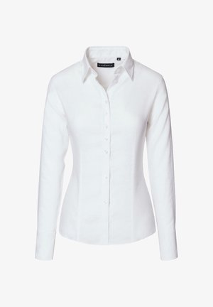 Biała koszula zapinana na guziki wykonana z lnu, charakteryzująca się dopasowanym krojem, długimi rękawami, stójką i rzędem guzików z przodu.