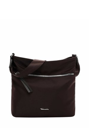 Dark brown shoulder bag made from nylon, featuring a zippered front pocket and a flat strap. Includes subtle logo detail.