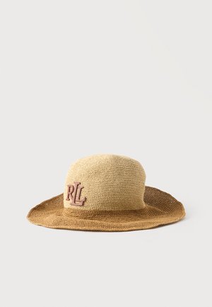 Chapeau de soleil tissé bicolore beige et marron avec logo « RLL » à l'avant et large bord flexible.