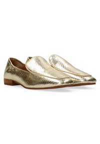 Gold metallic loafers with a textured, snake-skin appearance, almond-shaped toe, and a subtle wood heel. Smooth, glossy finish.
