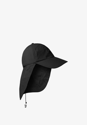 Schwarze Outdoor-Kappe aus leichtem Stoff, mit breiter Krempe, erweiterter Nackenschutzklappe und verstellbarem Zugband für einen sicheren Sitz.