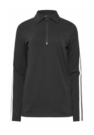 Zwart poloshirt met lange mouwen, een halve rits en kraag. Beschikt over witte zijkanten strepen langs de mouwen. Gemaakt van een gladde stof.