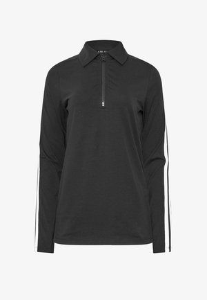 Polo-shirt noir à manches longues avec un demi-zip et un col. Doté de rayures blanches sur les côtés des manches. Fabriqué en tissu lisse.
