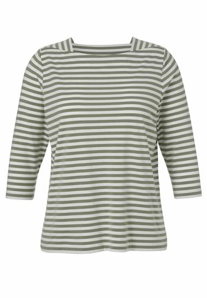 Damen-Longsleeve mit horizontalen olivgrünen und weißen Streifen und quadratischem Ausschnitt.