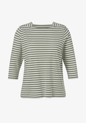 Women's long-sleeve top with horizontal olive green and white stripes and a square neckline.