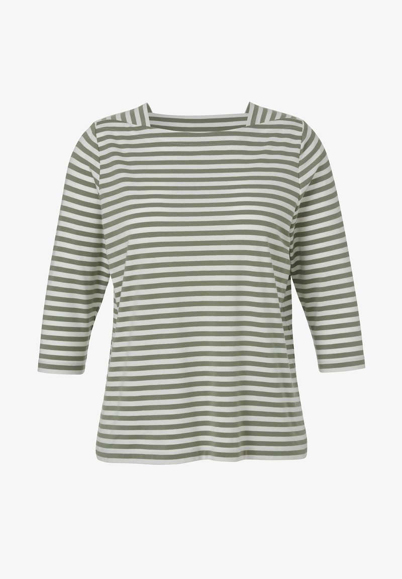 Women's long-sleeve top with horizontal olive green and white stripes and a square neckline.