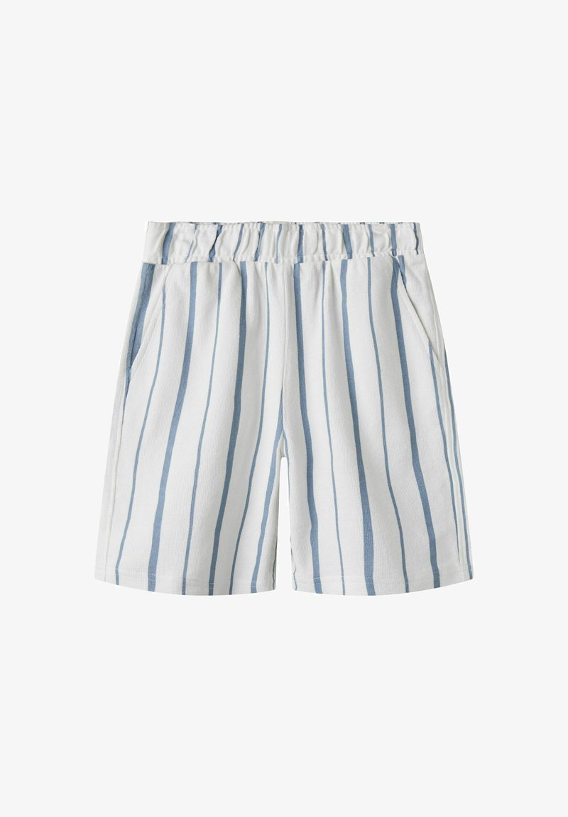White and light blue striped shorts with an elastic waistband, two side pockets, and a cotton-like texture suitable for casual wear.