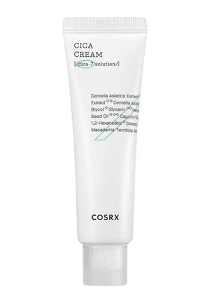 Tube blanc de COSRX Cica Cream avec ingrédients clés listés, y compris extrait de Centella Asiatica et solution cica-7, fermé par un bouchon à vis cannelé.