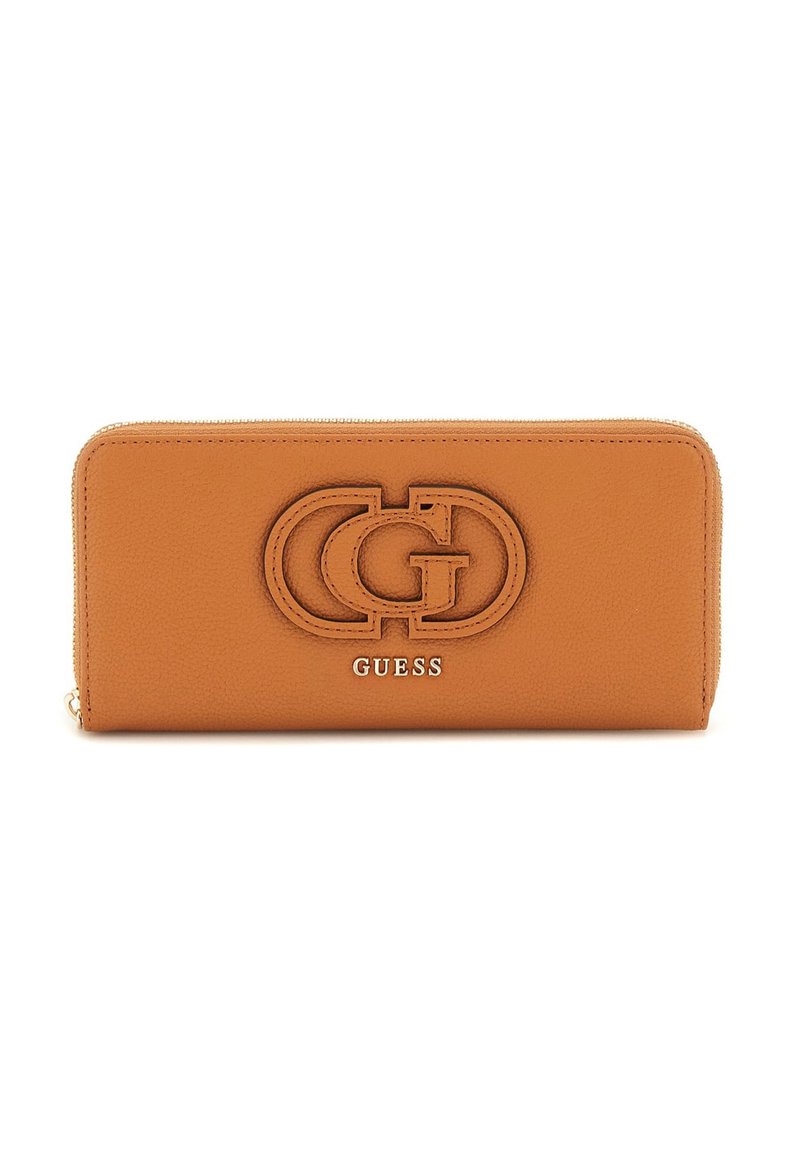 Brown leather wallet with zipper closure, a large embossed logo and silver brand name detailing on the front. Smooth texture, rectangular shape.