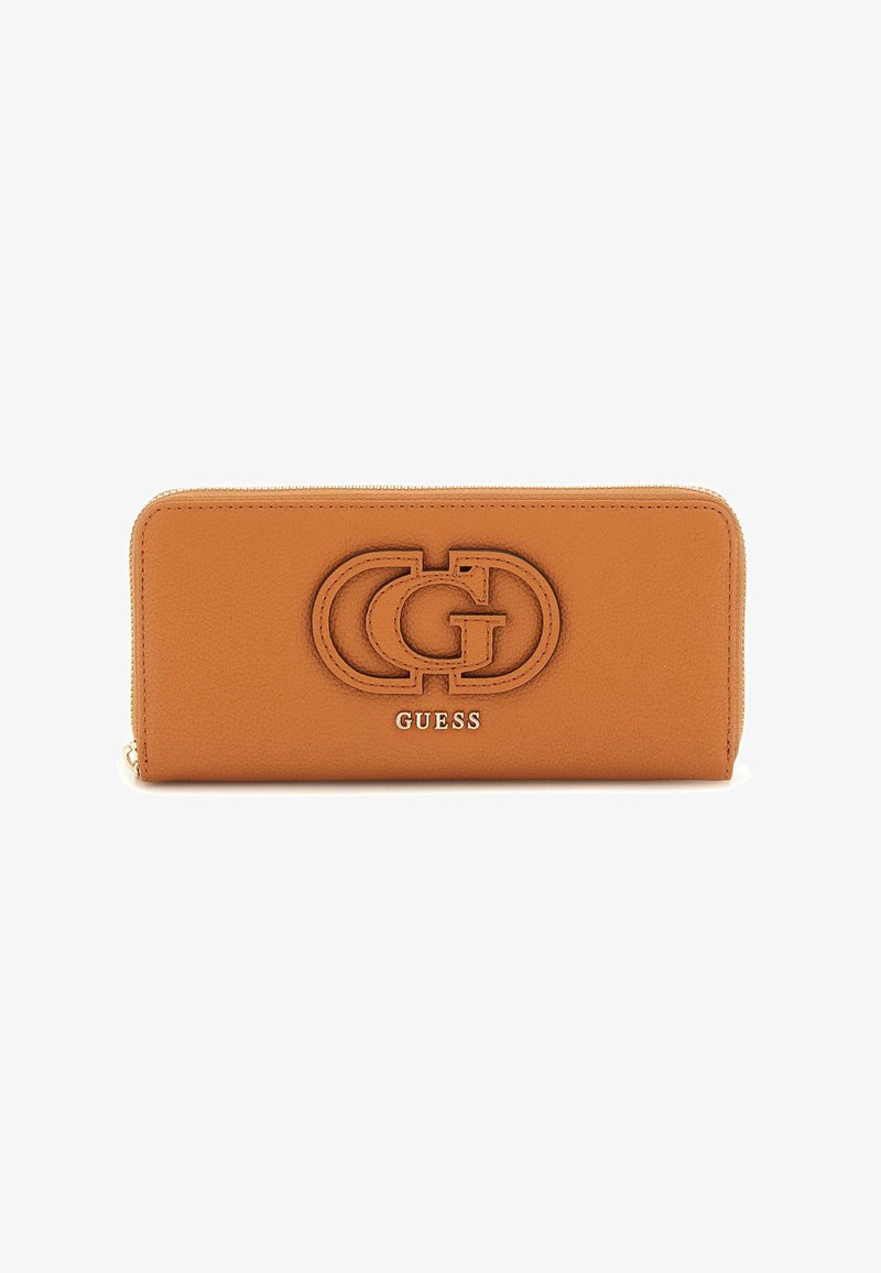Brown leather wallet with zipper closure, a large embossed logo and silver brand name detailing on the front. Smooth texture, rectangular shape.