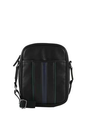 Petit sac bandoulière en cuir noir avec une sangle réglable et des rayures verticales bleues et vertes sur le panneau avant.