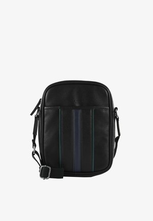 Petit sac bandoulière en cuir noir avec une sangle réglable et des rayures verticales bleues et vertes sur le panneau avant.