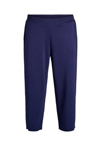 Navy blue cropped casual pants with an elastic waistband and straight legs, designed for comfort and relaxed wear.