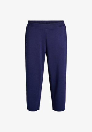 Marineblauwe casual cropped broek met een elastische tailleband en rechte pijpen, ontworpen voor comfort en een ontspannen draagervaring.