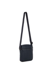 Navy leather crossbody bag with adjustable strap, rectangular shape, side stitching detail, and embossed logo on the front.