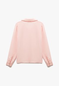 Light pink blouse with a collar, long sleeves, and buttoned cuffs. Smooth, lightweight fabric with a subtle sheen and no patterns.