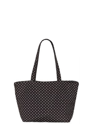 Zwarte draagtas met witte stippen en twee lange hengsels, weergegeven tegen een effen witte achtergrond.