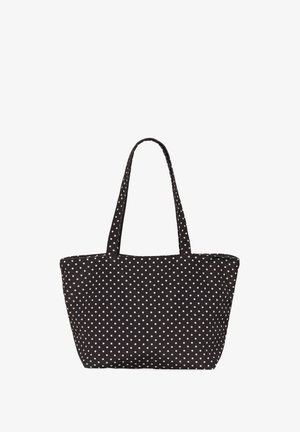 Zwarte draagtas met witte stippen en twee lange hengsels, weergegeven tegen een effen witte achtergrond.