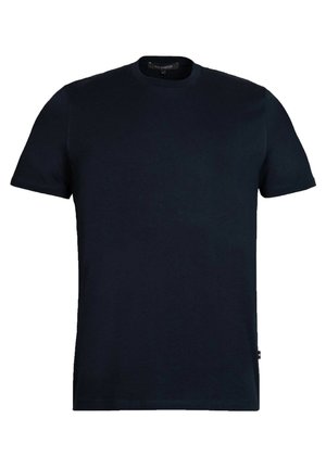 Navyblaue Baumwoll-Kurzarm-T-Shirt mit Rundhalsausschnitt, schlichtem Design und ohne sichtbare Muster oder Akzente. Hat einen klassischen Schnitt.