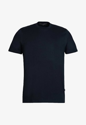 Navyblaue Baumwoll-Kurzarm-T-Shirt mit Rundhalsausschnitt, schlichtem Design und ohne sichtbare Muster oder Akzente. Hat einen klassischen Schnitt.