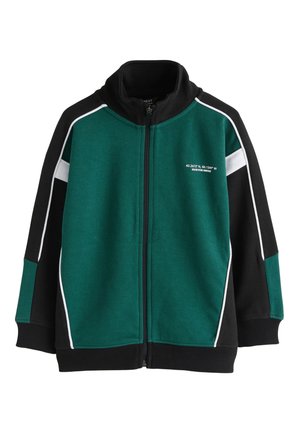 Junge steht, trägt eine grün-schwarze Jacke mit Reißverschluss, schwarze Shorts, weiße Socken mit schwarzen Streifen und graue Turnschuhe vor einem einfarbigen Hintergrund.