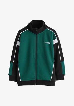 Dreng stående iført en grøn og sort jakke med lynlås, sorte shorts, hvide sokker med sorte striber og grå sneakers mod en ensfarvet baggrund.