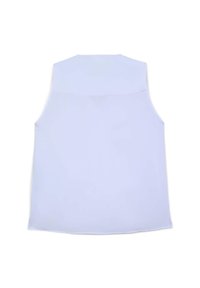 Blusa senza maniche di colore azzurro chiaro con una texture liscia, scollatura rotonda e orlo posteriore allungato. Design semplice e minimalista senza decorazioni.