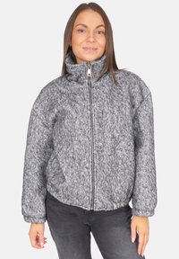 Grau, strukturiertes Zip-Jackett mit hohem Kragen und elastischen Bündchen, aus dickem, fleeceähnlichem Material und lässiger Passform.