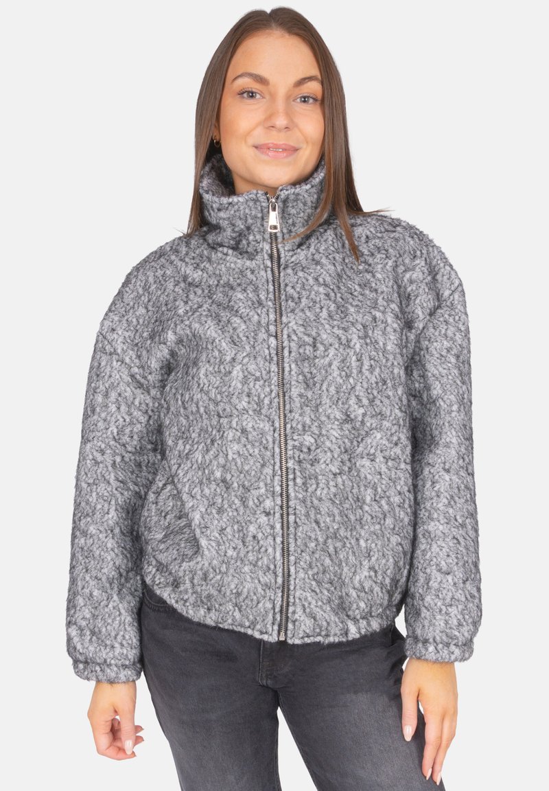 Grau, strukturiertes Zip-Jackett mit hohem Kragen und elastischen Bündchen, aus dickem, fleeceähnlichem Material und lässiger Passform.