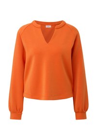 Oranje pullover sweatshirt met een V-hals, lange mouwen en geribbelde boorden. Gemaakt van zacht materiaal met een ontspannen pasvorm en een cropped ontwerp.