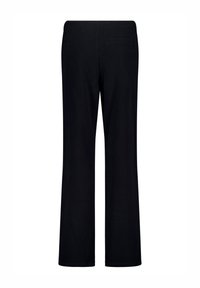Black wide-leg pants with a smooth fabric and a back pocket. Features a simple design and elastic waistband for comfort.