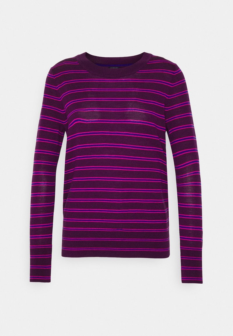 Pull à manches longues, violet foncé avec des rayures horizontales rose vif et un col rond, présenté sur un fond clair uni.
