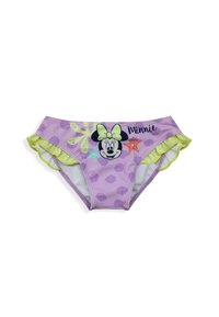 Mutandine bikini viola con bordi gialli arricciati, caratterizzate da una grafica di Minnie Mouse e motivi di stelle marine e conchiglie sul tessuto.