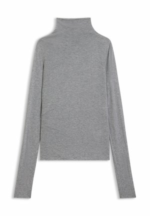 Grijze, lange mouwen coltrui gemaakt van zacht stretchmateriaal. Heeft een getailleerde pasvorm en een minimalistisch ontwerp zonder zichtbare accenten.