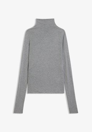 Gray, long-sleeved turtleneck top made of soft stretch fabric. Features a fitted silhouette and minimalistic design with no visible accents.