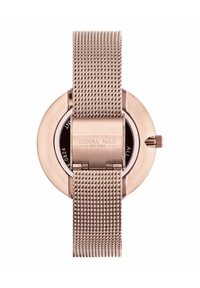 Roségouden horloge met een mesh band, ronde kast en een cirkelvormige zwarte wijzerplaat. Heeft gegraveerde tekst aan de achterkant en een kroon om de tijd aan te passen.
