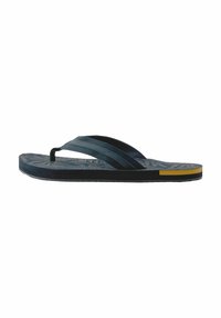Infradito neri con una suola in gomma textured blu scuro, dotati di due cinghie nere e un accento giallo a contrasto sul lato.