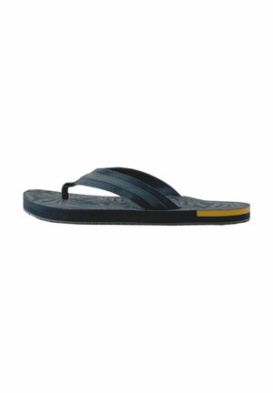 Black flip-flop with a textured dark blue rubber sole, featuring two black straps and a contrasting yellow accent on the side.