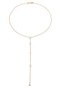 Goldene Kettenhalskette mit einem Y-förmigen Design und fünf gleichmäßig verteilten Perlen. Glatte Textur und leichtes Design. Sicherer Verschluss.