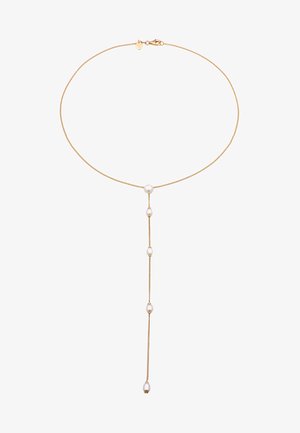 Goldene Kettenhalskette mit einem Y-förmigen Design und fünf gleichmäßig verteilten Perlen. Glatte Textur und leichtes Design. Sicherer Verschluss.