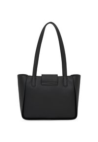 Sac fourre-tout en cuir noir avec un design structuré, une texture lisse, de longues poignées plates et un détail de fermeture minimaliste à l'avant.
