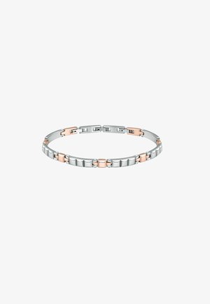 Bracciale in argento e oro rosa con anelli rettangolari e quadrati, caratterizzato da finiture lucide e testurizzate, che presenta un design moderno.